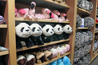 plush pandas, flamingos, and other animals in the aquarium gift shop